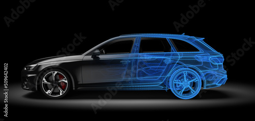 Black and wireframe generic and unbranded car. 3D illustration