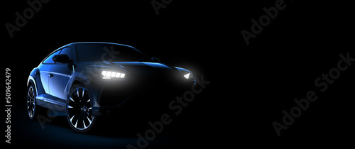 Front view of a beautiful generic and unbranded car on a dark background. 3D illustration