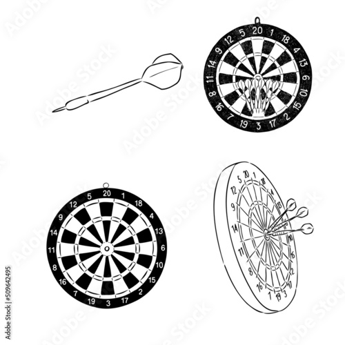 Dart board with arrow in the centre. Goal achieving concept. Sketch icon on white background. Vector illustration.
