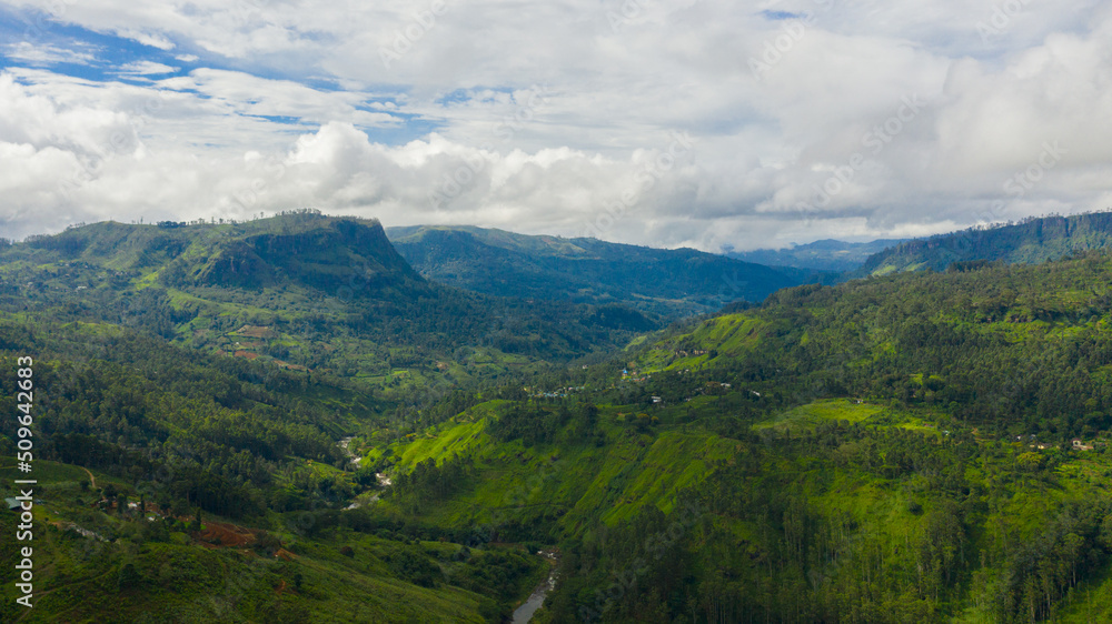 Tropical landscape with Tea estate among the mountains. Tea plantations. Sri Lanka.