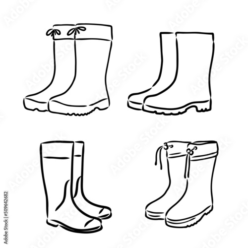 Rubber boots isolated on a white background. Autumn shoes for walking in puddles. Water-resistant boots. Boots of a gardener to work in the garden. vector illustration in the Doodle style