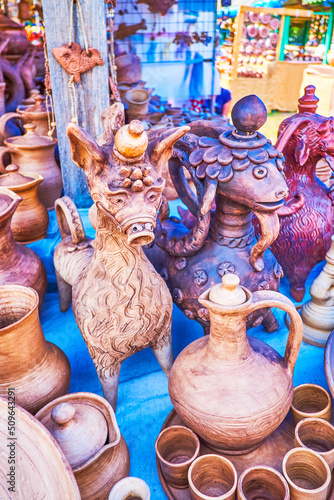 Ukrainian clay souvenirs and traditional jars in form of horses, National Sorochynsky Fair in Sorochyntsi, Ukraine photo