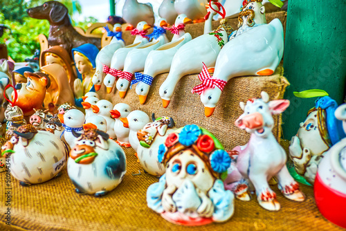 Ceramic decorative toys in traditiona lUkrainian style on National Sorochynsky Fair in Sorochyntsi, Ukraine photo