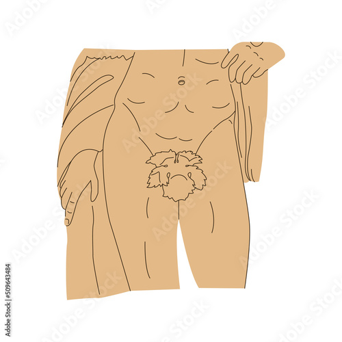 Old roman male statue with fig leaf covering genitalia. Naked antique body sculpture of ancient Rome. Flat cartoon vector illustration isolated on white background