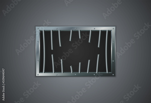 Vector illustration of prison bars window on dark wall. Realistic prison metal lattice. Jail window with bars. Jail break. 