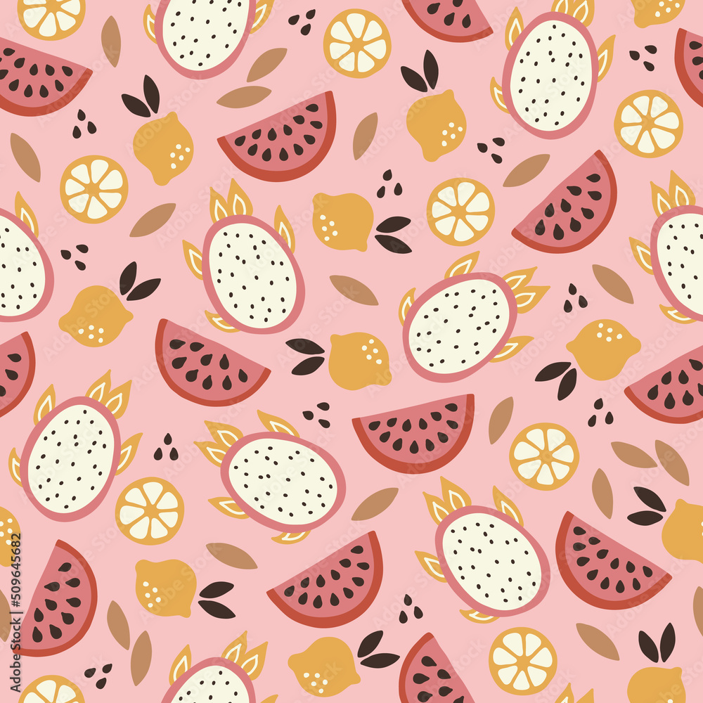 Summer seamless pattern with watermelon slices, lemons, leaves, dragon fruit Summer seamless pattern with watermelon slices, lemons, leaves, dragon fruit