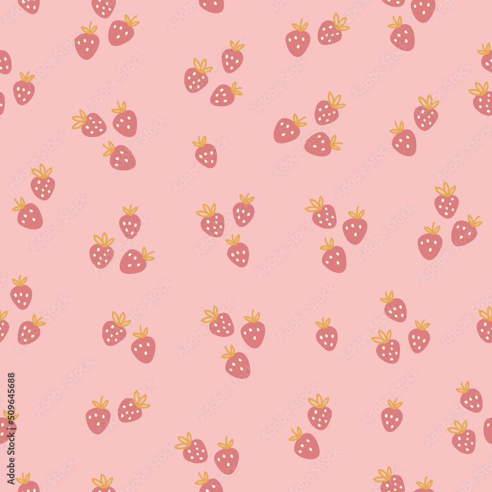 Summer seamless pattern with strawberries on pink background. Vector illustration