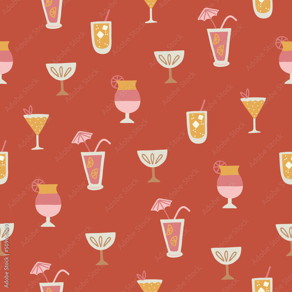 Summer seamless pattern with cocktails on terracotta background. Vector illustration