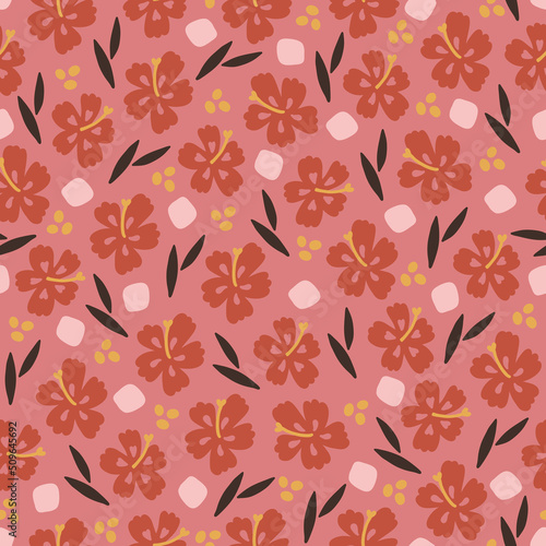 Tropical seamless pattern with hibiscus, leaves, dots. Vector summer illustration