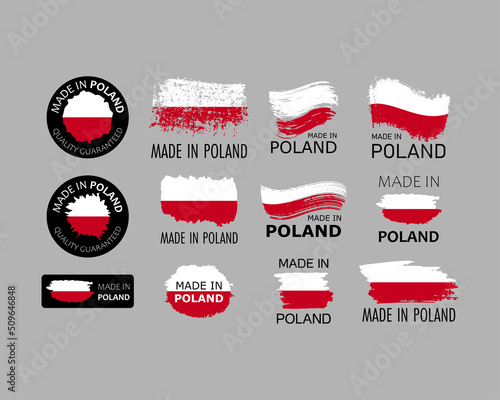 Set of stickers. Made in Poland. Brush strokes shaped with Polish flag. Factory, manufacturing and production country concept. Design element for label and packaging. Vector colorful illustration.