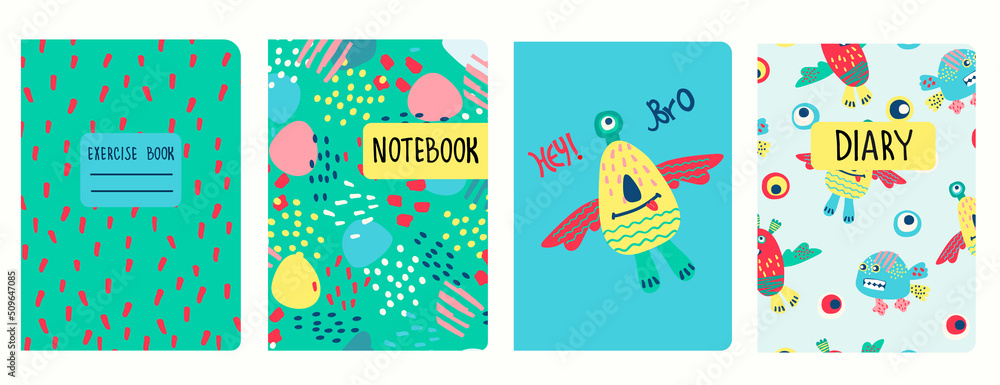 Cover page templates based on patterns with hand drawn funny monsters, fantasy shapes and Hey Bro lettering. Background for school notebooks, kids diaries, albums