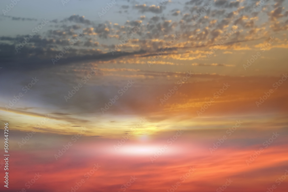   orange   yellow blue cloudy sky and pink sun beam on sunset evening hature landscape