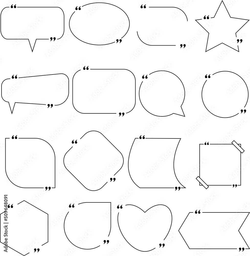 Fototapeta premium Quote box frame big set for colorful design of speech quotation marks. Templates of texting black line quote frames for definition, remark, and citation design ,Vector illustration. Writing box