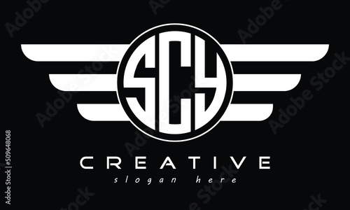 SCY three letter initial letter logo in circle with wings vector template.