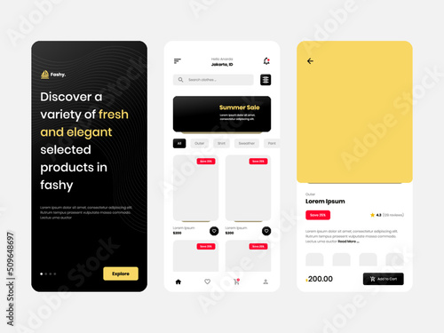 Complete UI Kit Template for Fashion Marketplace E-Commerce Mobile Application with Sleek and Modern Design, User-Friendly Navigation, and Customizable Layout