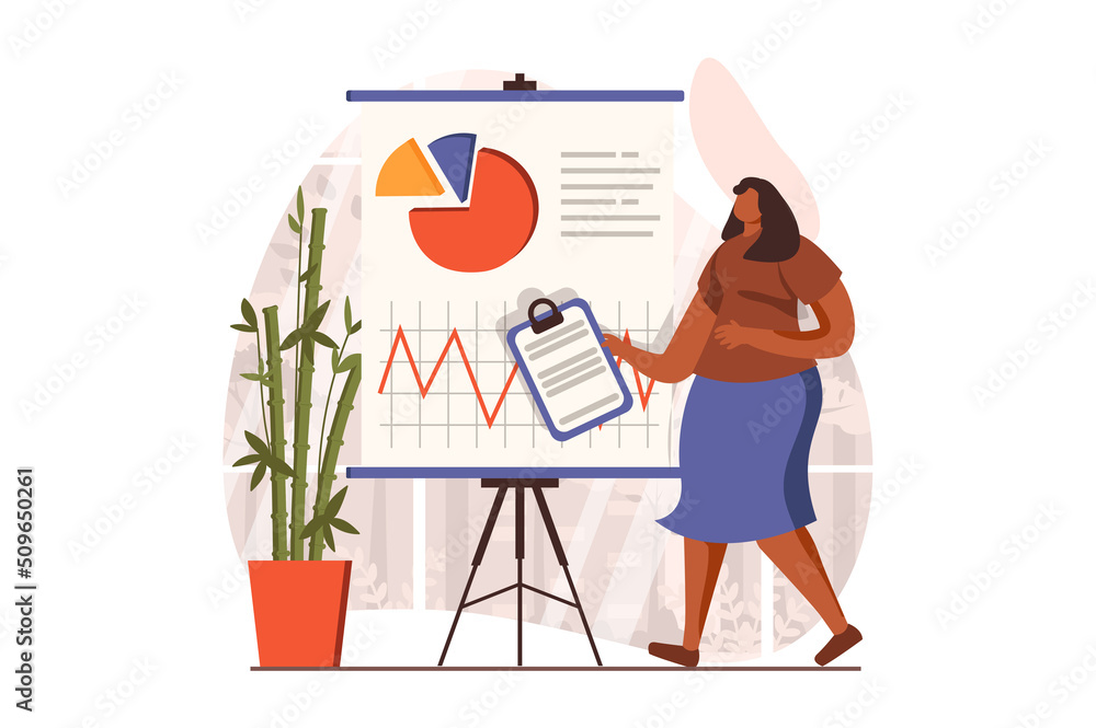 Financial analysis web concept in flat design. Woman speaks at business meeting with marketing research or report at conference. Audit, investment and accounting. Illustration with people scene