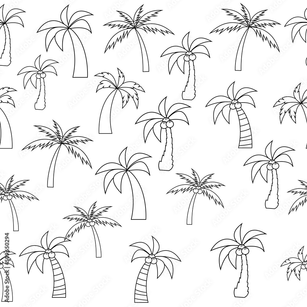 Seamless pattern of palm trees with coconuts in line style. Vector.