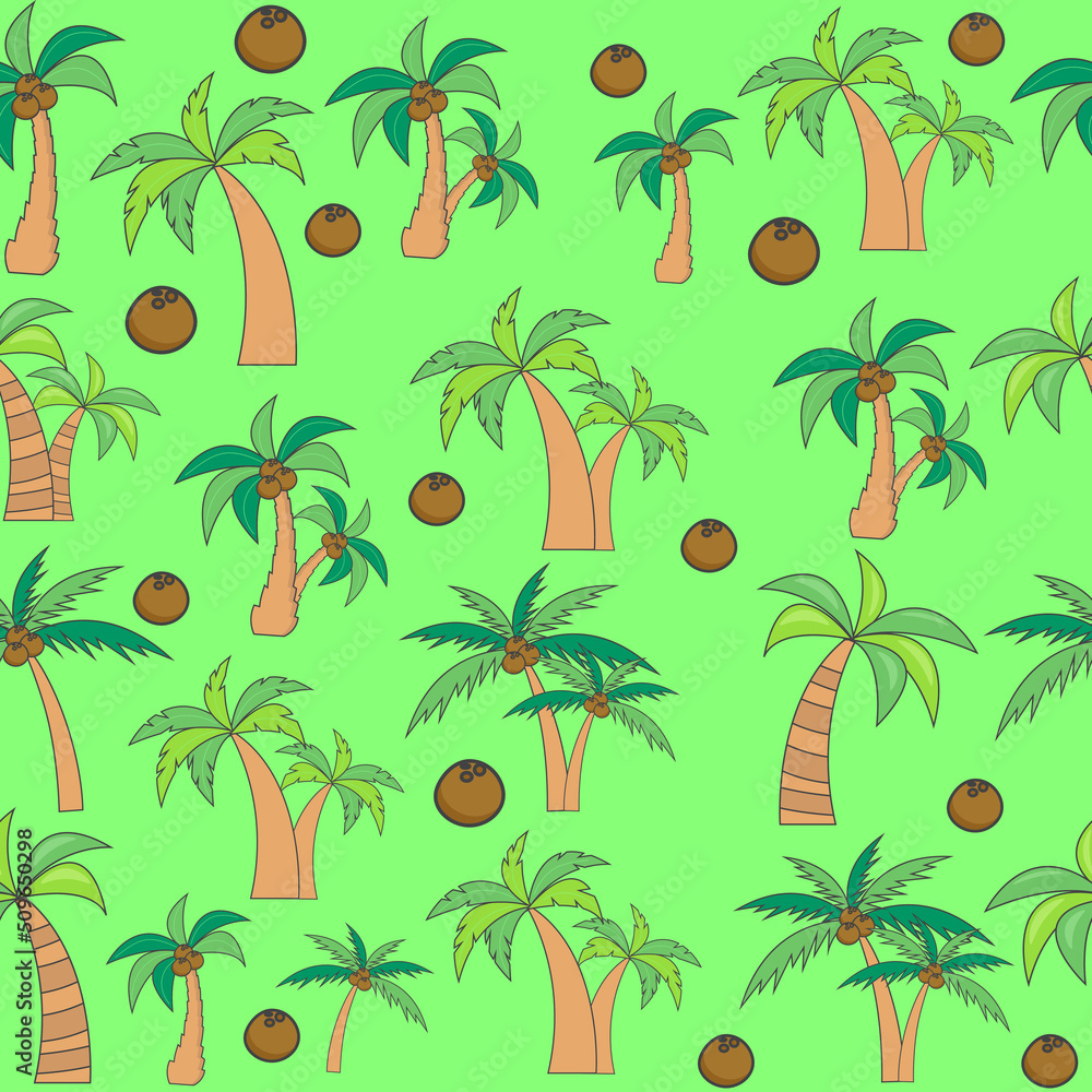 Seamless bright pattern of palm trees with coconuts. Vector.