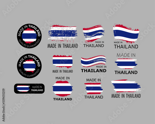 Set of stickers. Made in Thailand. Brush strokes shaped with Thai flag. Factory, manufacturing and production country concept. Design element for label and packaging. Vector colorful illustration.