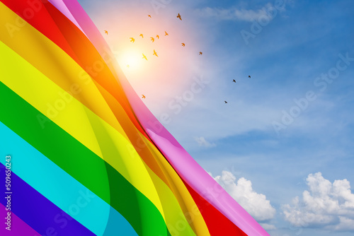 Waving LGBT pride flag on the blue sky with flying birds  rainbow flag background. Multicolored peace flag movement. Original colors symbol. 3d-rendering.