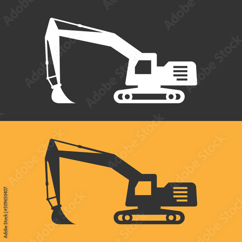 Excavator silhouette on orange and gray backgrounds