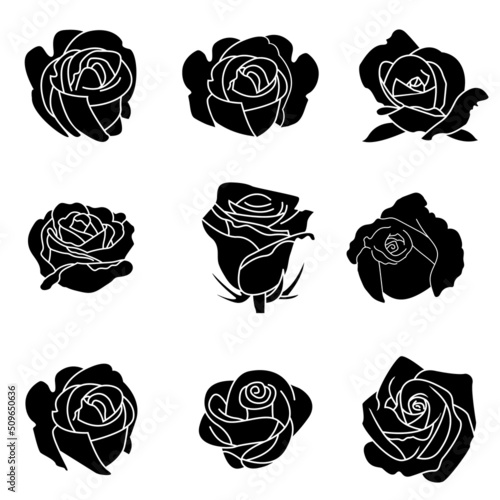 Solid icons set for rose flower and shadow,vector illustrations