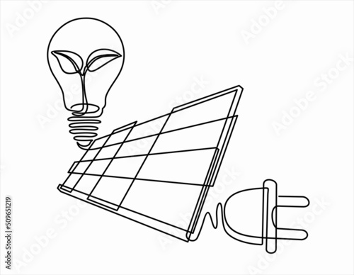 Continuous line drawing solar panel, sun, plug and light bulb, symbol for solar energy.Can used for logo, emblem, slide show and banner. Order a banner for one line drawing
