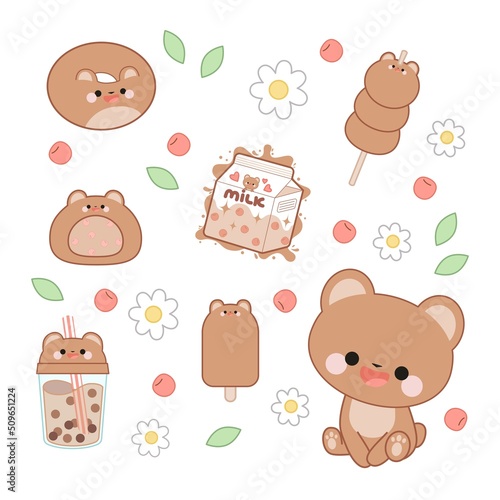 Bear set. Cute bear in kawaii style and different desserts, drinks, cherries, flowers and leaves.