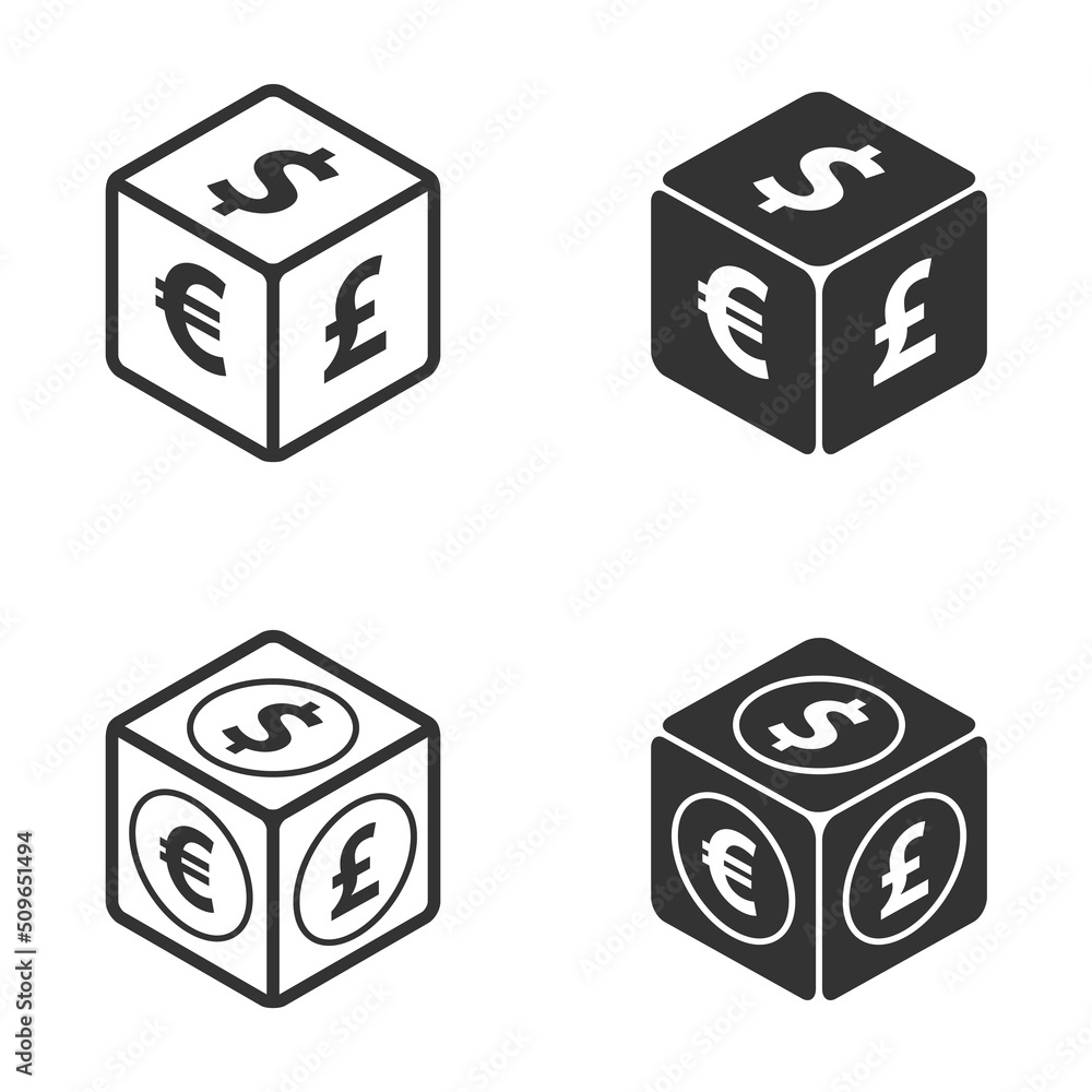 Cube and money symbols. Dollar, euro, and pound icons on 3d cube. Vector illustration. Cube and money symbols. Dollar, euro, and pound icons on 3d cube. Vector illustration.
