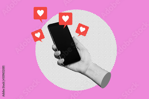 Black blank screen of mobile phone with like symbols from social networks in female hand isolated on purple color background. 3d trendy collage in magazine urban style. Contemporary art. Modern design
