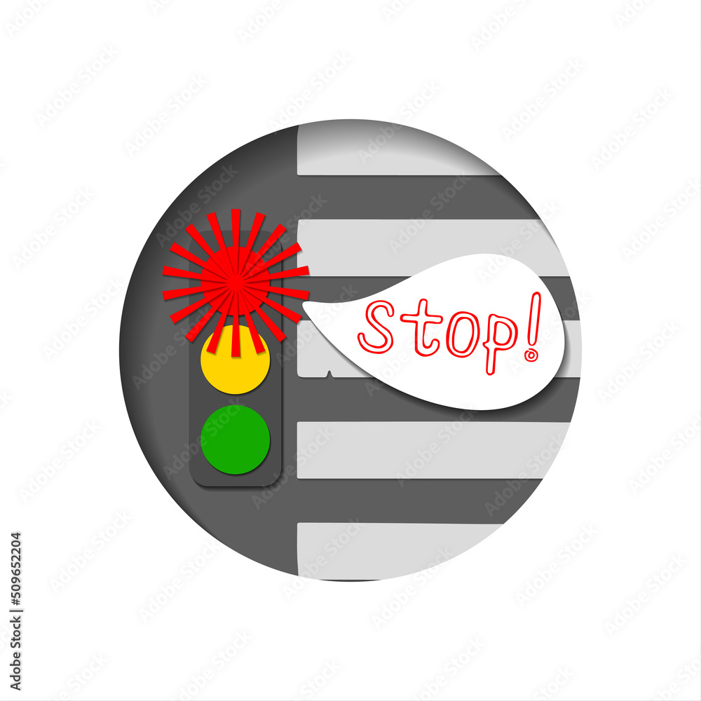 vector illustration in the style of a cut-out postcard with a traffic light with a red light and the inscription stop