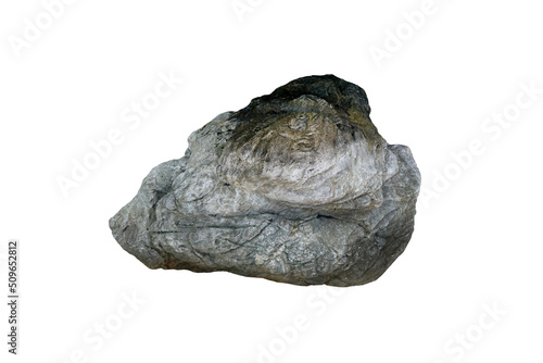 A Big strange sandstone coastal rock for outdoor garden decoration. Cut out reef stone isolated on white background.