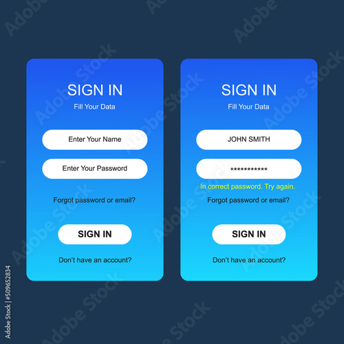 Set of Sign Up and Sign In forms, Registration form and login form page. Vector template for your design. Website ui concept.
