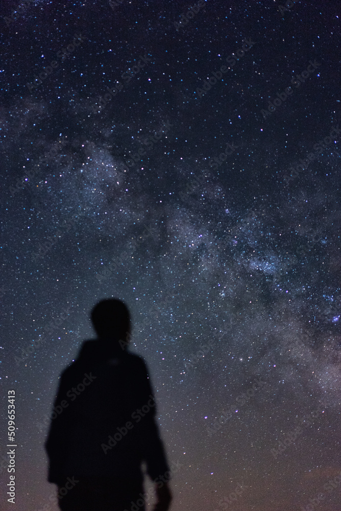 Persona de espaldas observando el cielo estrellado y la Vía Láctea