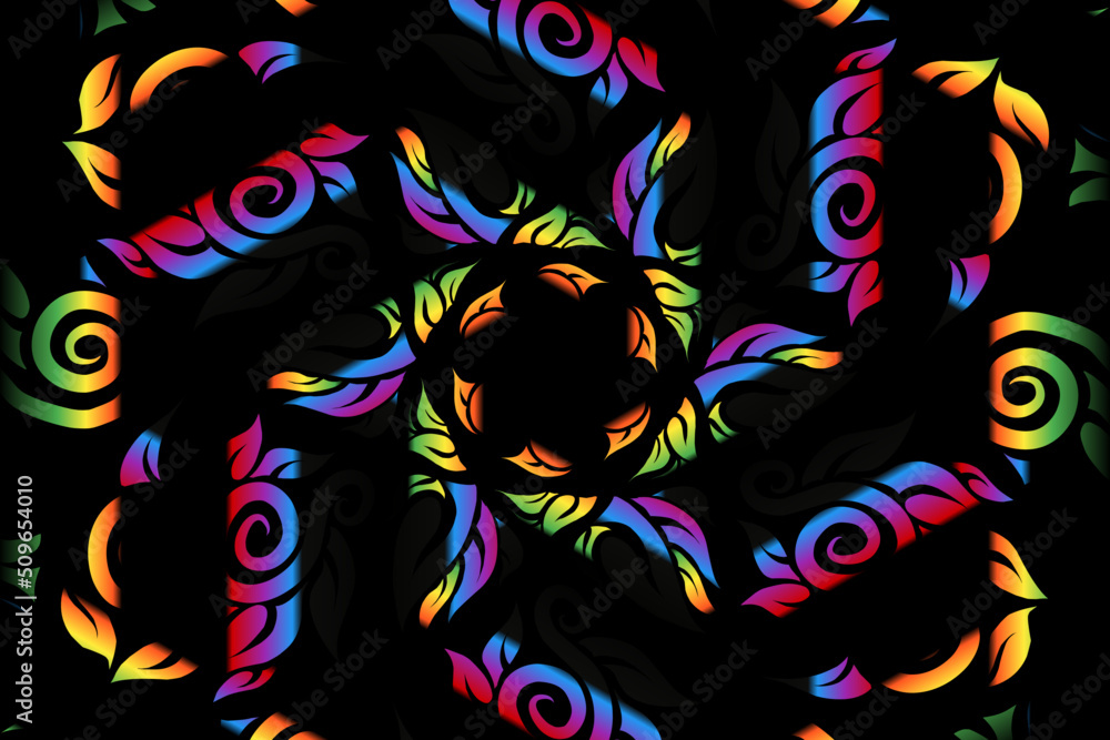colourful caleidoscope gradient flower  art pattern of indonesian culture traditional tenun batik ethnic dayak ornament for wallpaper ads background 