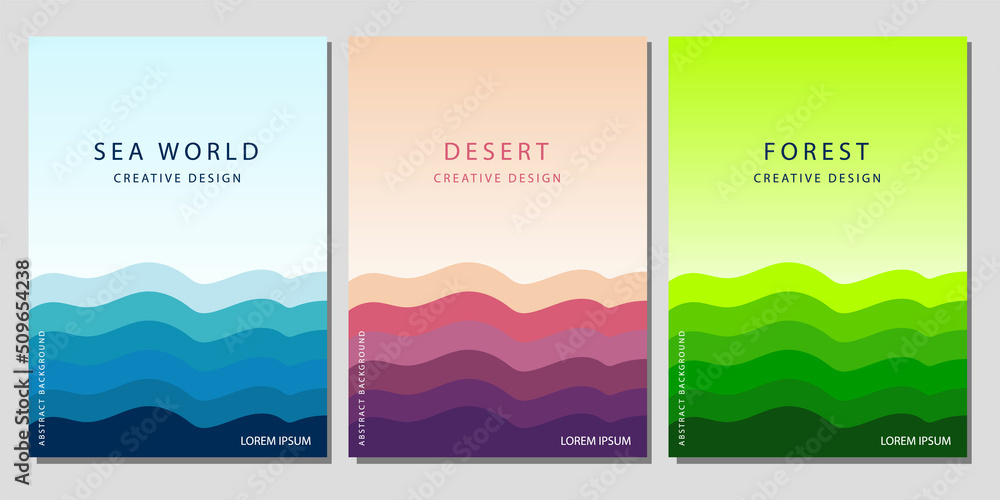 Modern Cover Template Design. Sea, Desert, Forest Color Concept. Set of trendy gradient waveforms for presentations, magazines, flyers, annual reports, posters and business cards.