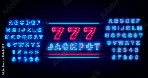 Jackpot neon sign. Bingo with seven numbers. Shiny blue alhpabet. Casino badge. Vector stock illustration