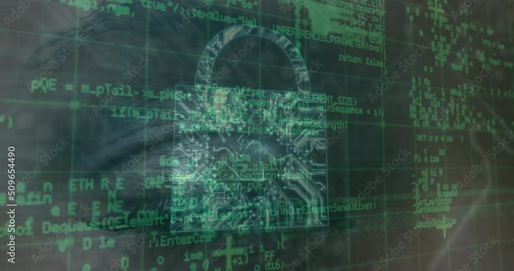 Animation of digital interface with security padlock over human eye Animation of digital interface with security padlock over human eye