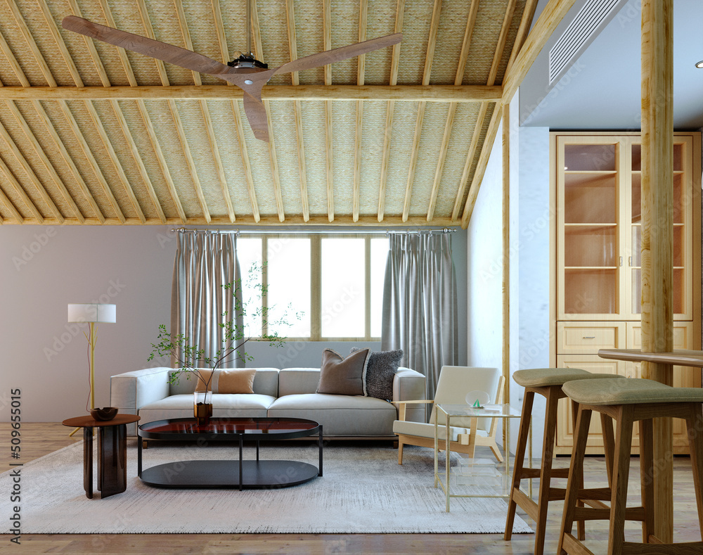 Obraz premium 3d rendering,3d illustration, Interior Scene and Mockup,interior design livingroom, Bohemian Style.