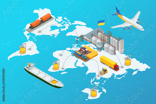 The concept of harvest, export, import. Isometric Grain Export. Global logistics network, logistic import export and transport