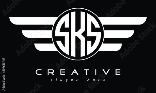 SKS three letter initial letter logo in circle with wings vector template.