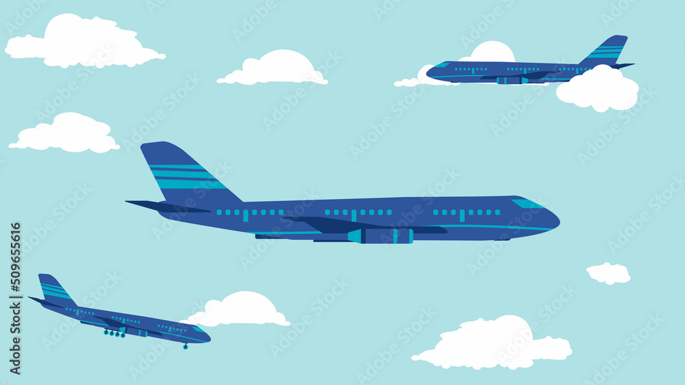 flat cartoon side view of airplane in the sky