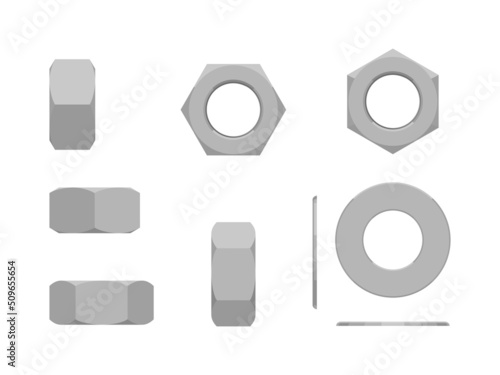 Set of hex nut on white background