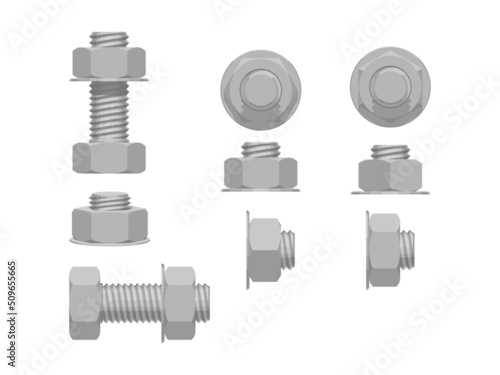 Set of hex nut and screw assembly on white background