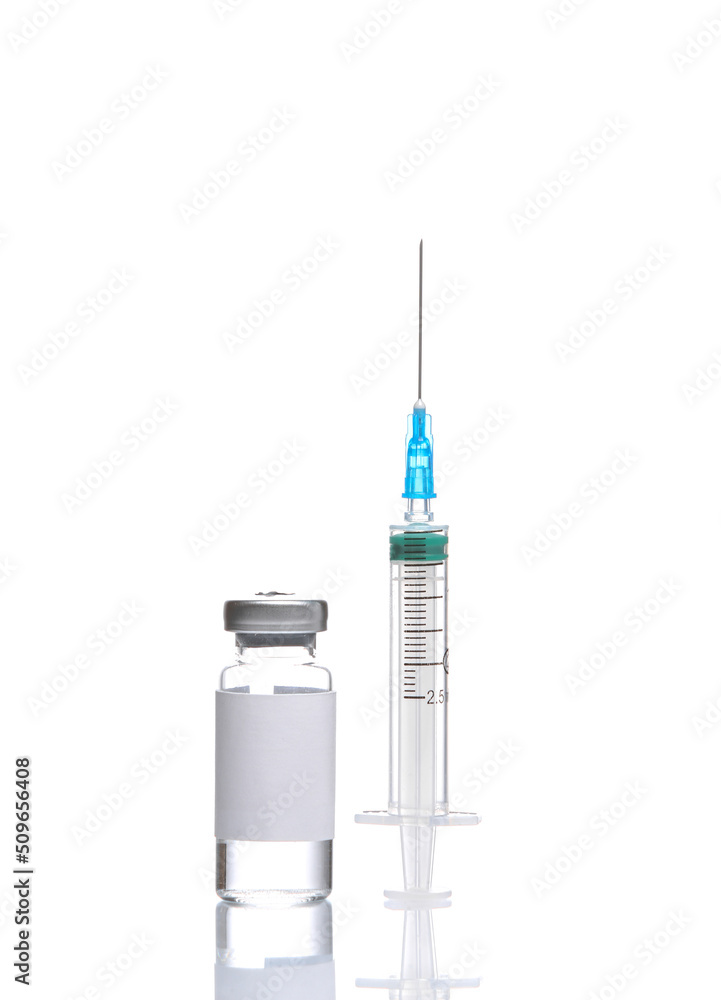 Vaccine bottle with white blank label and syringe isolated on white background with reflection Vaccine bottle with white blank label and syringe isolated on white background with reflection