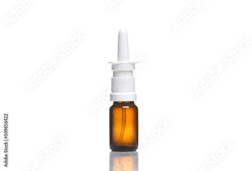 Nasal spray bottle isolated on white background with reflection