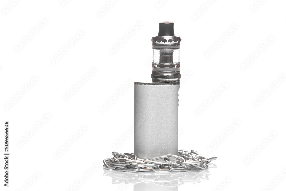 Vaping device wrapped with steel chain isolated on white background with reflection Vaping device wrapped with steel chain isolated on white background with reflection