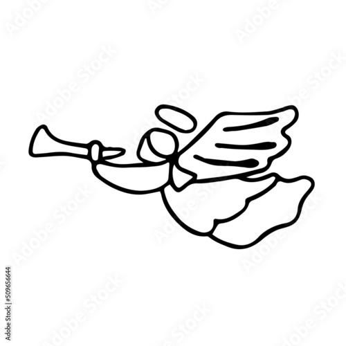 The cute Christmas angel is flying and blowing the trumpet. Vector illustration of an angel with wings on a white background side view.