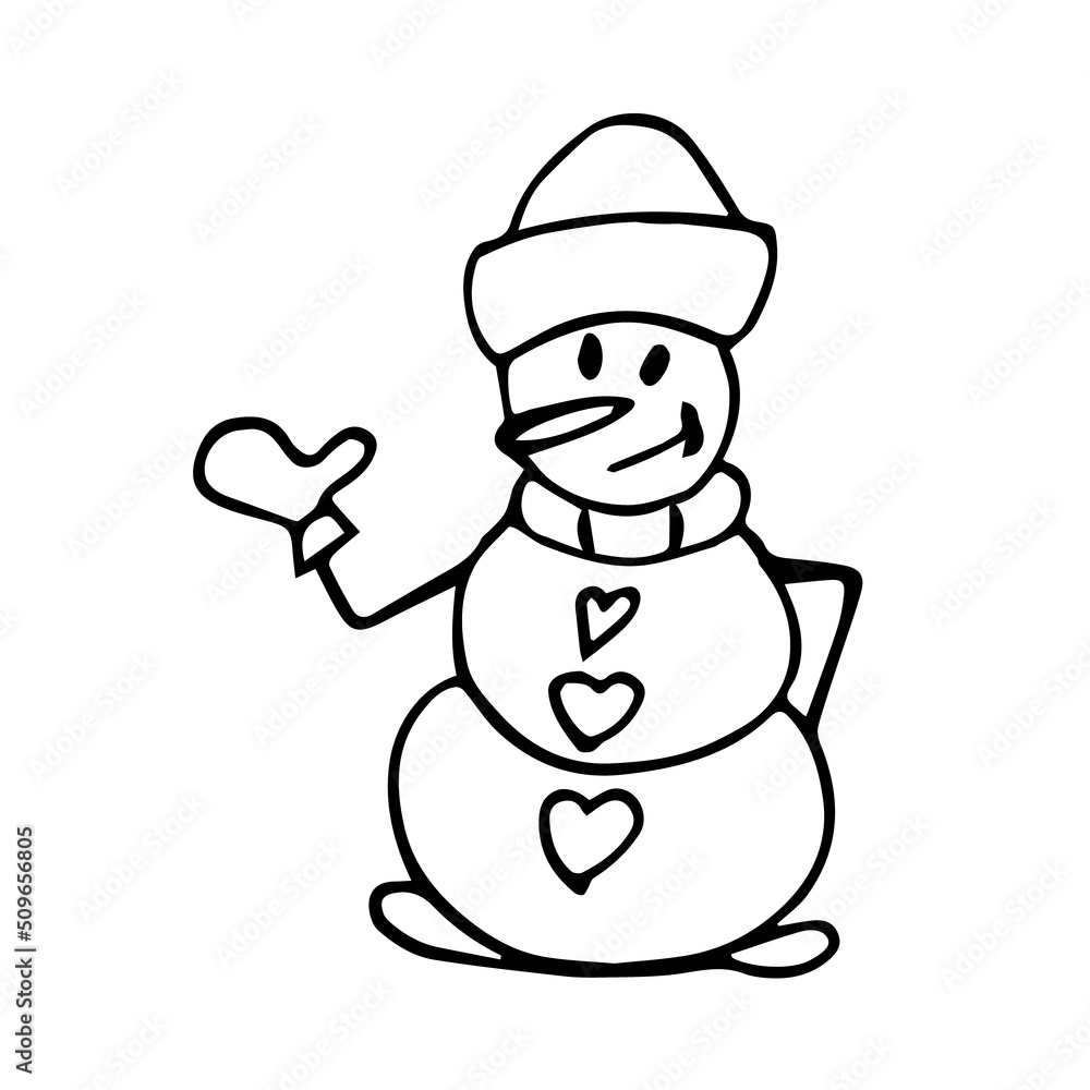 The snowman in gloves is smiling. Doodle illustration of a snowman can be used for seasonal design for New year and Christmas. The snowman in gloves is smiling. Doodle illustration of a snowman can be used for seasonal design for New year and Christmas.