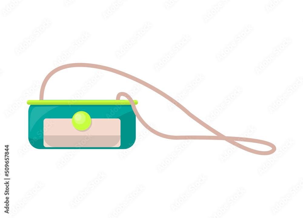 Obraz premium Bright small purse on long strap with round clasp. Female compact colorful handbag. Stylish bag for summer outfit isolated vector illustration.